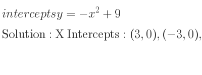 The intercepts of y=-x^2+9 is X Intercepts: (3,0),(-3,0),Y Intercepts: (0,9)